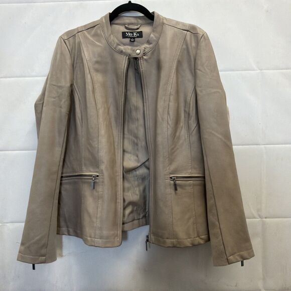 Mo-Ka SantaFe Taupe Faux Leather Moto Jacket Zip Pockets Sleeves Large - Picture 9 of 10